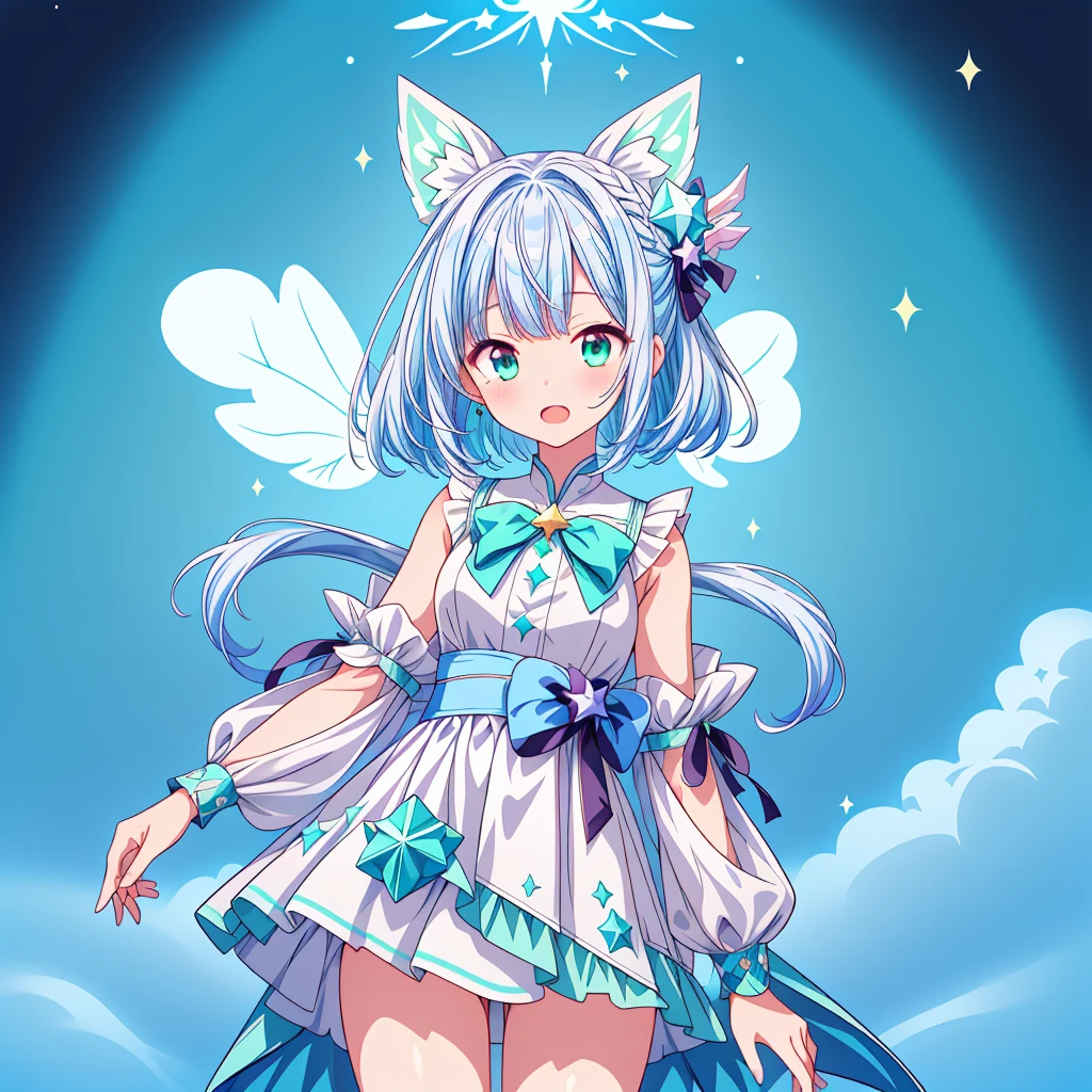 1girl、Star Fairy、Star incarnation、Character design front view、A picture facing the viewer、(((Super detailed、Highest quality、Masterpiece)))、Original cute hairstyle、Milky white and blue hair color、Simple Green Background、vtuber-fullbody,Original cute clothes in jet black and magenta、