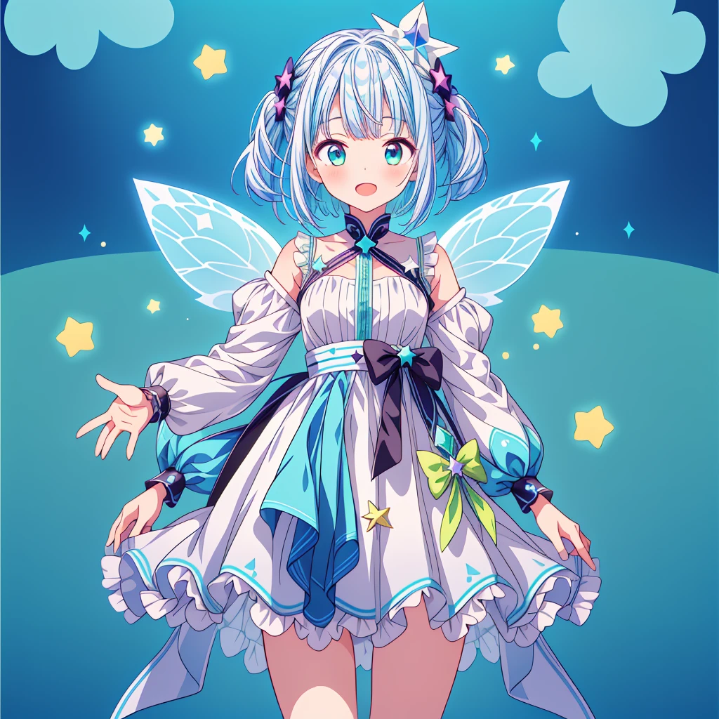 1girl、Star Fairy、Star incarnation、Character design front view、A picture facing the viewer、(((Super detailed、Highest quality、Masterpiece)))、Original cute hairstyle、Milky white and blue hair color、Simple Green Background、vtuber-fullbody,Original cute clothes in jet black and magenta、