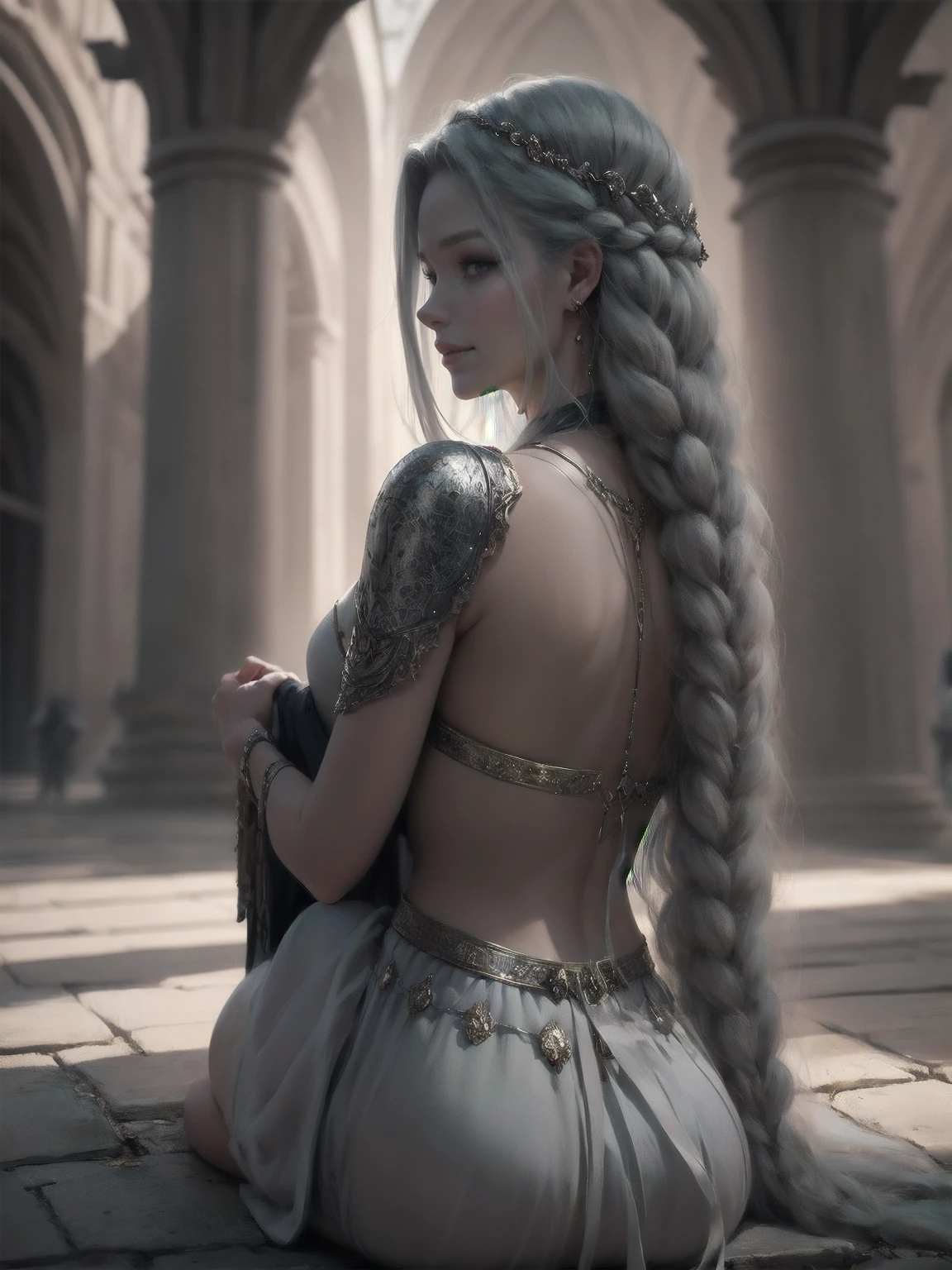 {-erro_de_anatomia:1.0} woman 30 years old, north,viking clothes, (nordic dress), dark castle, a woman (lagherta), very long blond hair (blond hair), (gray eyes) . Indifferent look , merciless. among the gods, dinamic poses, egoist smile, upper body, sitting on the ground, backwards, looking back