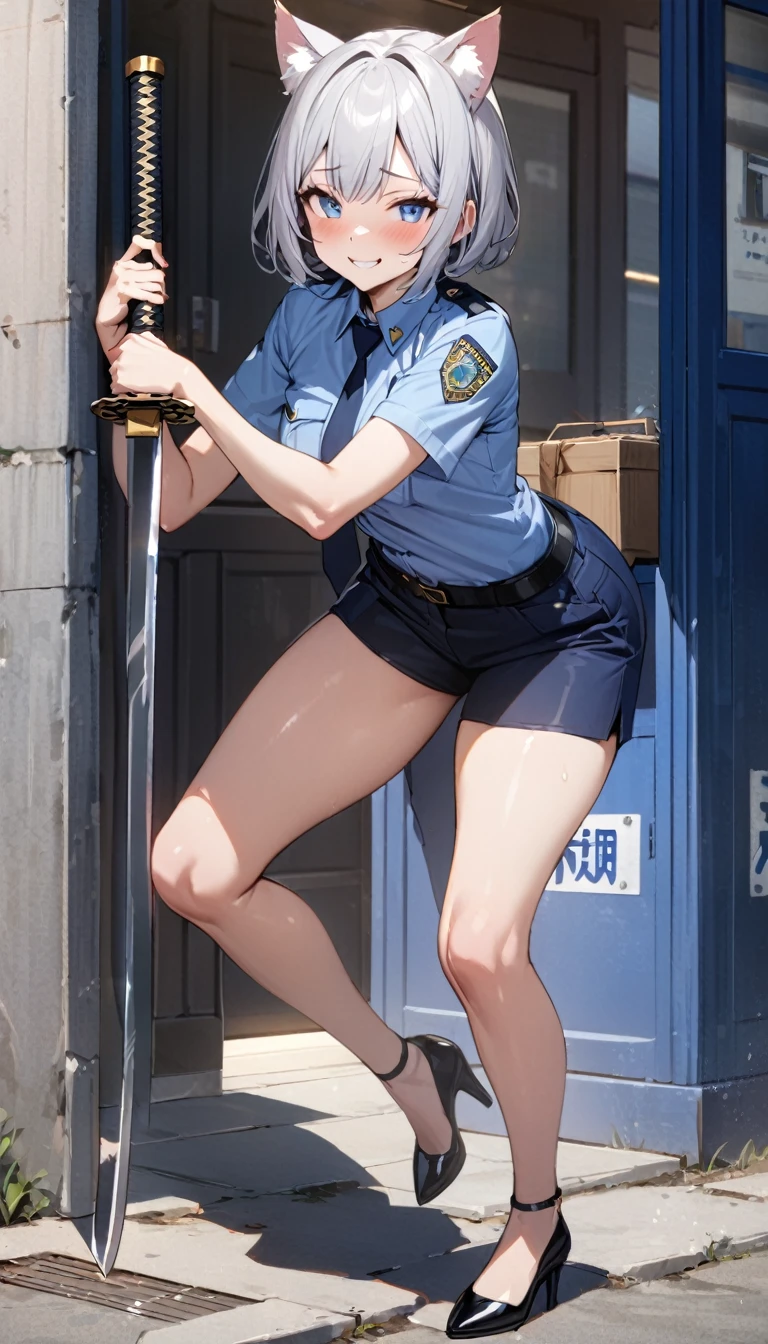 1girl、(((best quality)), ((masterpiece)), (details), masterpiece, best quality, high quality, ulutra detailed, perfect face, ((1girl, Blue eyes, cat ears: 1.3 silver bob hair: 2.5,)) 、Shiny Hair、Glowing Skin、blush、Lustful look、whole body、Police Officer Costume、Police officer shorts、Black stiletto heels、salute、Embarrassed smile、Holding a Japan sword with both hands、police box、Police Station Background、whole body
