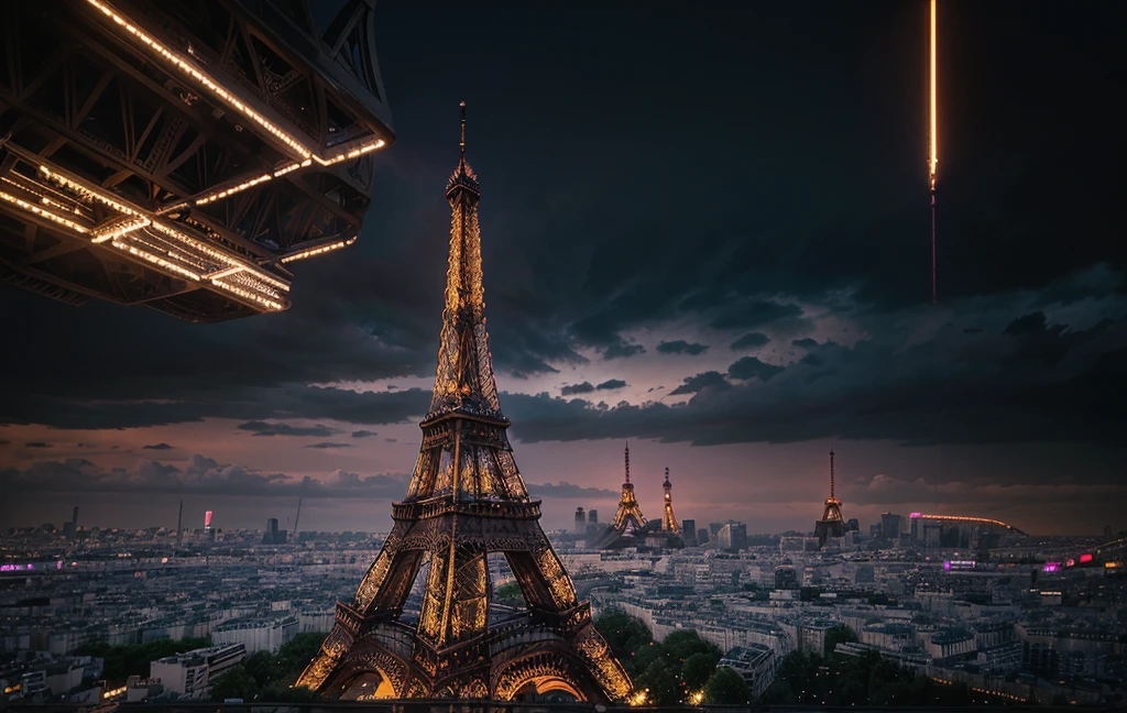 Close-up of a city with large buildings ((( The real Eiffel Tower in the center background))), Inspired by Liam Wong, cyberpunk art style, Lofi Art, Laurie Greasley style, New Tokyo Background, inspired by Killian Eng, by Killian Eng, Decorative art transcends animation aesthetics, Cyberpunk illustration, Cyberpunk themed art, just a joke, Alaina Enami (alena aenami) works of art
