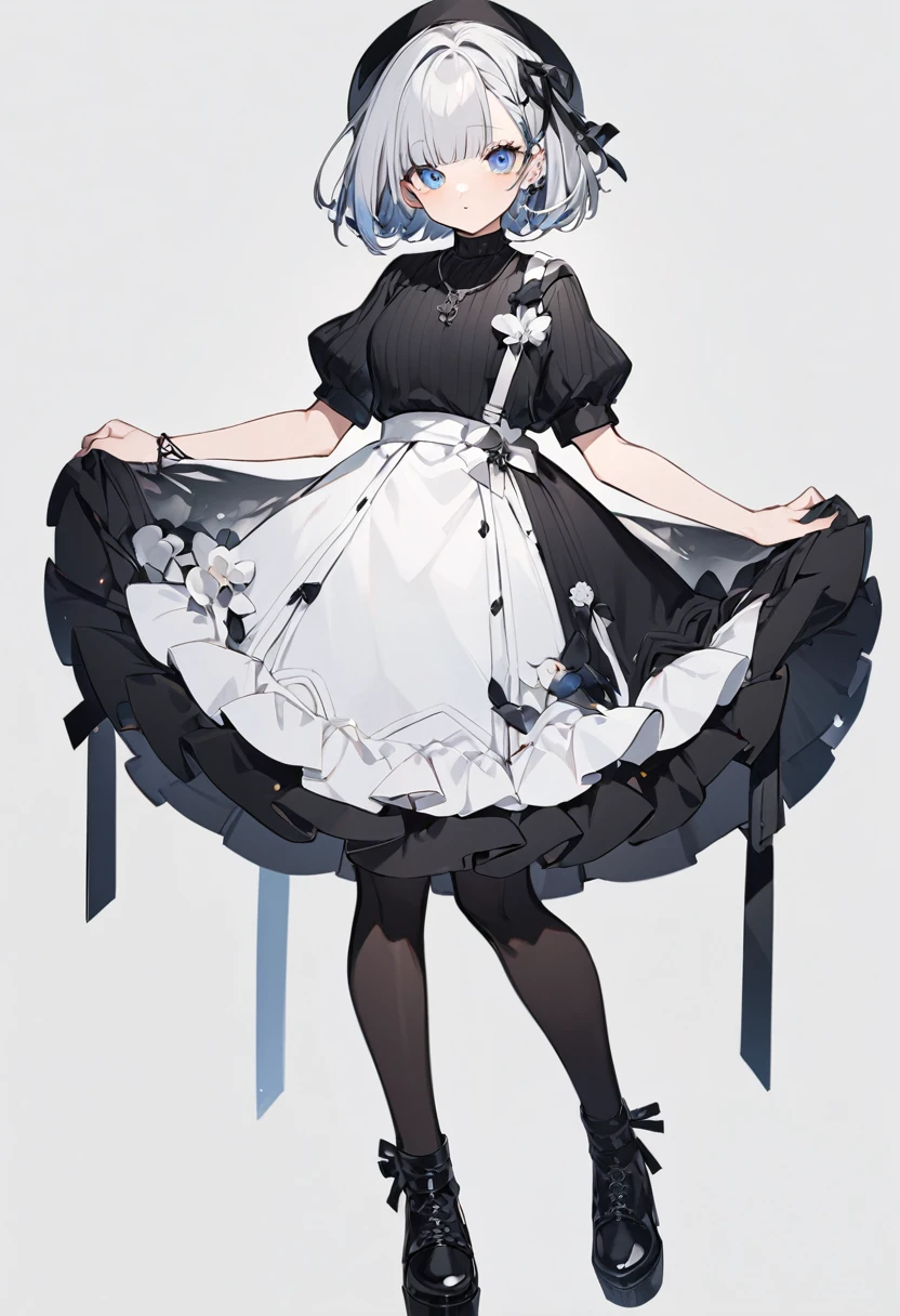 The person in the image appears to be a VTuber, an online content creator who uses virtual avatars. Her features, including her clothing, are as follows: Hair: Short silver hair with bangs. Short bob with black ribbons on both sides. Eyes: Large blue eyes with a slightly closed, gentle expression. Clothing: Black short-sleeved sweater. Background White background: Cute and elegant VTuber with short bob hairstyle.
1 Full body