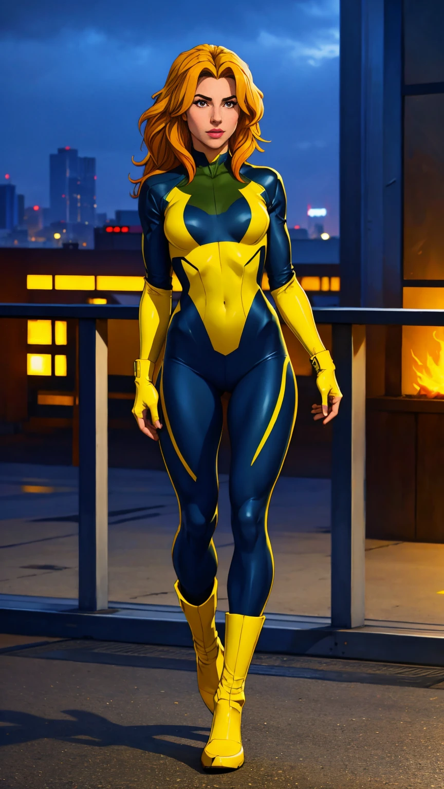 ((Full body shot, standing, feet on the ground)) Rogue, X-Men, (best quality, 4k, 8k, high resolution, cyclist body, masterpiece: 1.2), ultra-detailed, (realistic, photorealistic, photorealistic: 1.37), full body photo, yellow high boots, voluminous hair, beauty pose, standing, show feet, outside, city roof at night, green bandana