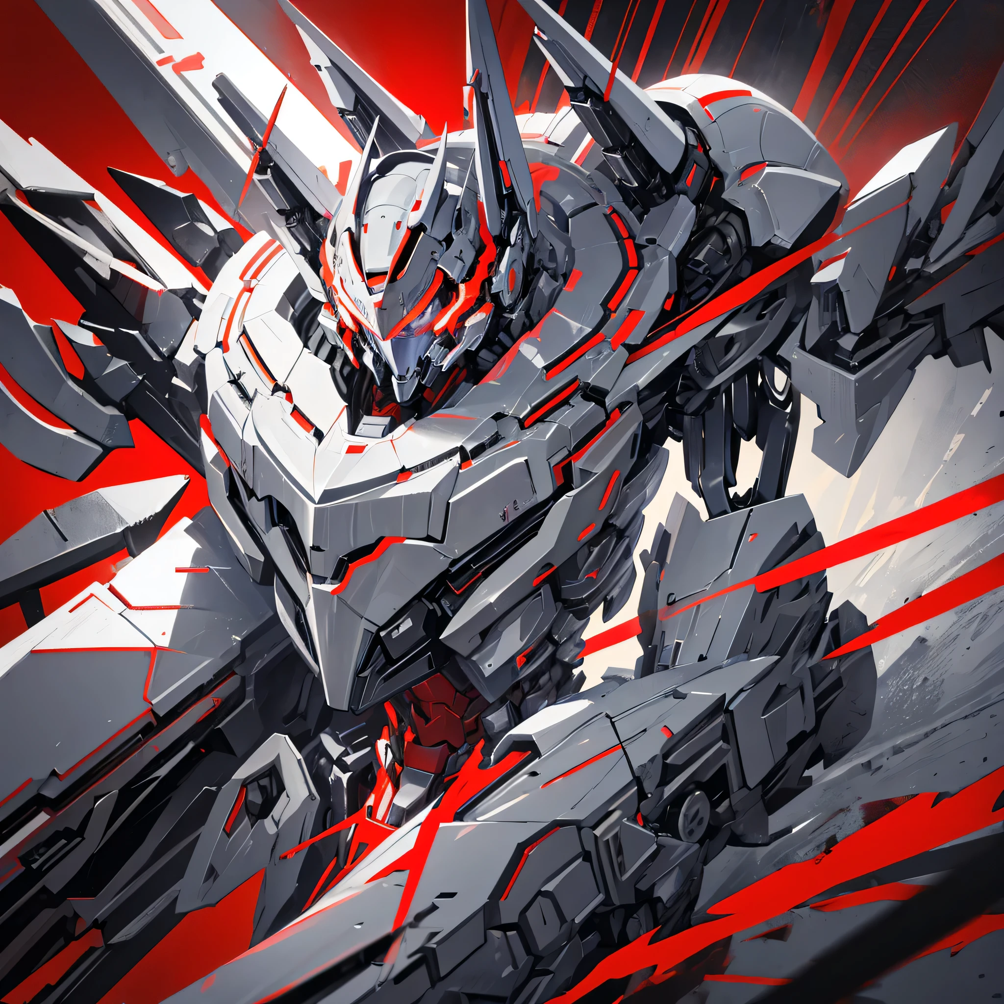 A mecha made of steel，A huge mecha flashing red，((Plain gray background))