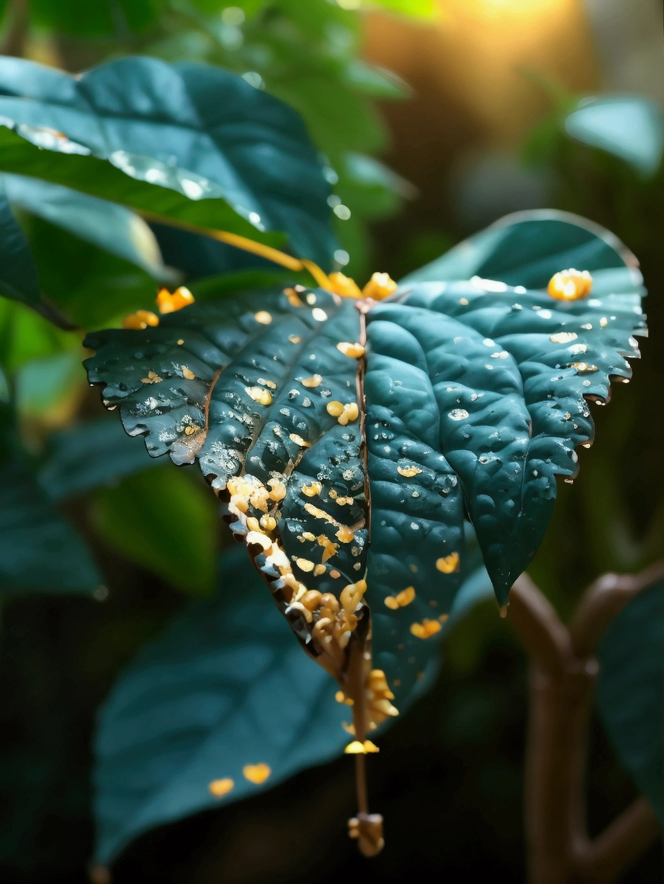 Hot summer day,There are black cicadas chirping on the leaves,Green leaves,Dew drops on leaves,Surrounded by green leaves,Minimalist style,Golden Section,Summer tones,Light-sensitive,Super simple composition,Meticulous attention to detail,Rich in details,8k,masterpiece