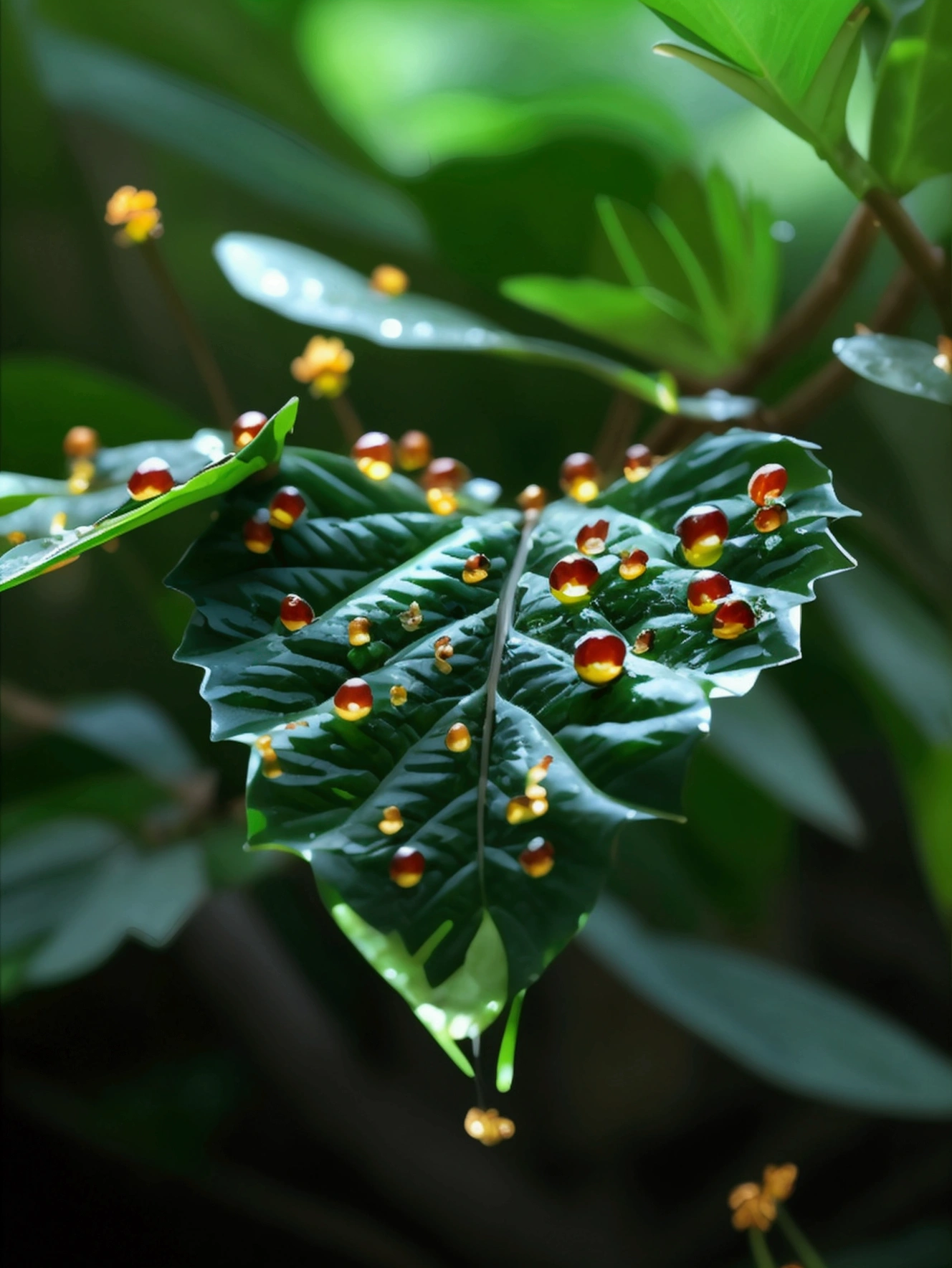Hot summer day,There are black cicadas chirping on the leaves,Green leaves,Dew drops on leaves,Surrounded by green leaves,Minimalist style,Golden Section,Summer tones,Light-sensitive,Super simple composition,Meticulous attention to detail,Rich in details,8k,masterpiece