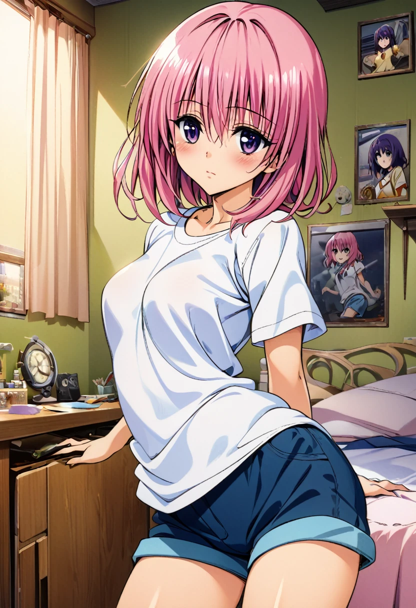 masterpiece, highest quality, Detailed face, Beautiful and detailed eyes, Beautiful Face, Perfect body, Official Art, grand plix award illustration, Professional Lighting,One girl, momo beria deviluke,pink short hair,purple eyes,hair accessary,shirt,shorts,room,Style of Yabuki Kentaro, To Love-Ru art style,