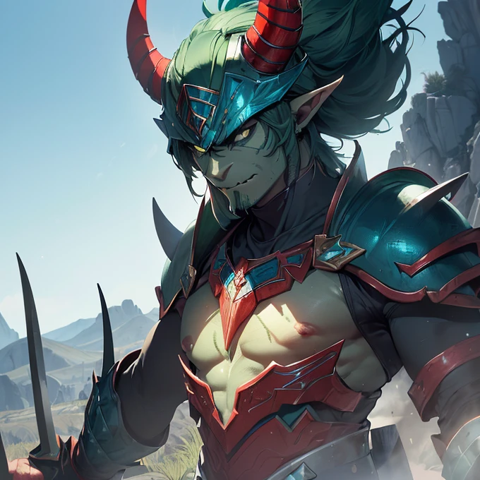 (absurdres, best high quality image, carefuly detailed features and textures, very detailed image, solo character alone, full body view, tolkien aesthetic) {{(1character: adult male orc warrior, (green skin, pointy ears, green eyes with black pupils, black eyebrows, mouth with two tusks, serious face, big nose, pasive demeanor, arms crossed), (blue helmet with bull horns, red chest plate, bulky shoulder plates with spikes, red pants, blue boots, red sharped gauntlets, long toothed axe), ((green hill plain, sunny blue sky)}}