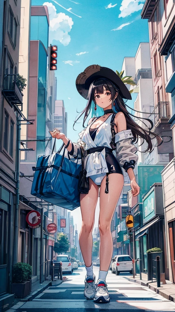 masterpiece Unreal Engine Anime Style Delicate painting 4K 90's giant crowd Residential Street apartment Apartment Woman in her 20s 高層apartment街の谷間に立っている水着の巨大な女の子 One piece swimsuit slender Straw hat sneakers White socks watch Black Hair blue sky cumulonimbus Contrail female giant giant girl Whole body Destroyed skyscrapers Destroyed cars Crowd Unreal Engine,cleavage ,a drawing of a , earrings, long hair, 1980s (style) Cute picture Beauty Analog style whole body sneakers