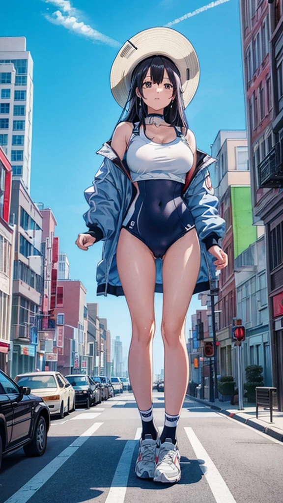 masterpiece Unreal Engine Anime Style Delicate painting 4K 90's giant crowd Residential Street apartment Apartment Woman in her 20s 高層apartment街の谷間に立っている水着の巨大な女の子 One piece swimsuit slender Straw hat sneakers White socks watch Black Hair blue sky cumulonimbus Contrail female giant giant girl Whole body Destroyed skyscrapers Destroyed cars Crowd Unreal Engine,cleavage ,a drawing of a , earrings, long hair, 1980s (style) Cute picture Beauty Analog style whole body sneakers