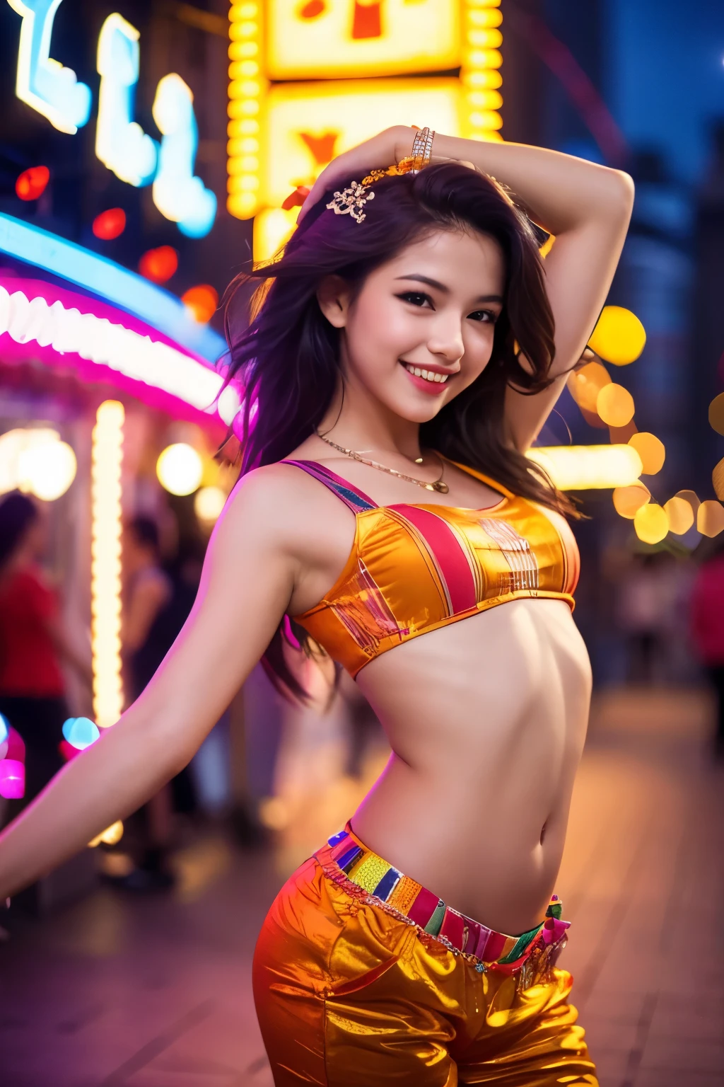 A young woman dancing sexily with a smile, wearing a stylish outfit. The background is a vibrant and lively scene with colorful lights and a modern setting. The focus is on her graceful and sensual movements.
