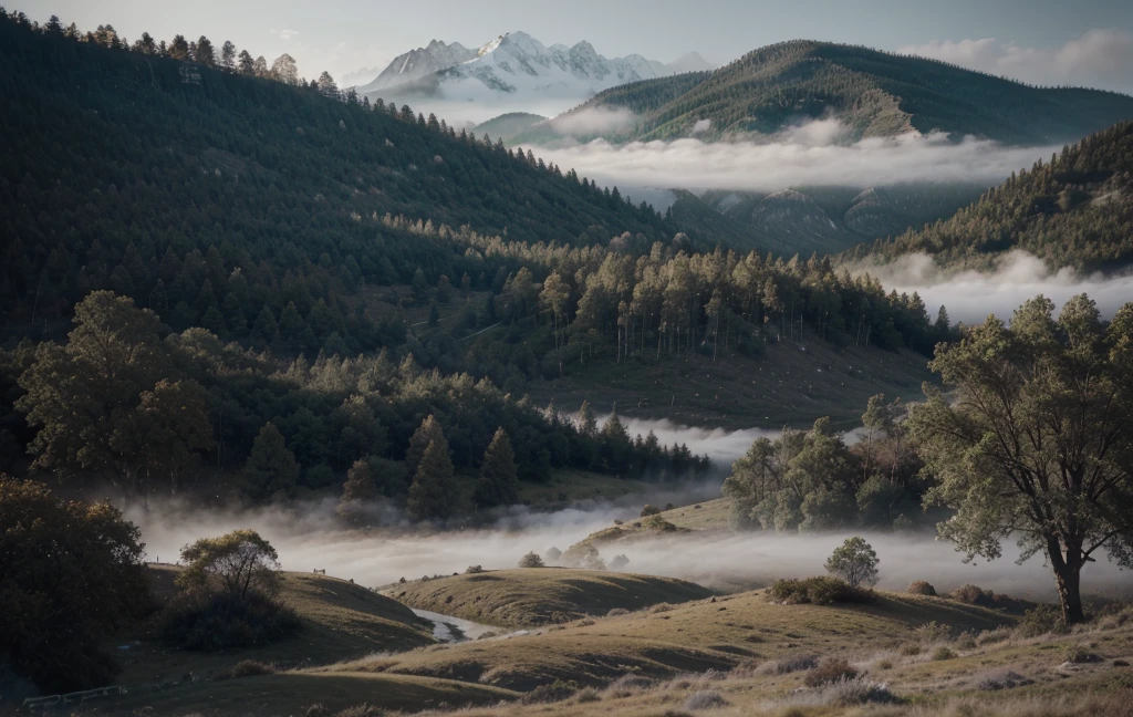 create valley、Desolate landscape of mountains, shrouded in thick fog, little sunshine, With twisted trees and thick trunks, and bushes that make one want to draw and grass, in a surreal landscape, Dead color, 4K, movie lighting, natural lighting, film grain, movie lighting, high detail, Photo realism, Photo realismistic, Volumetric lighting and shadows