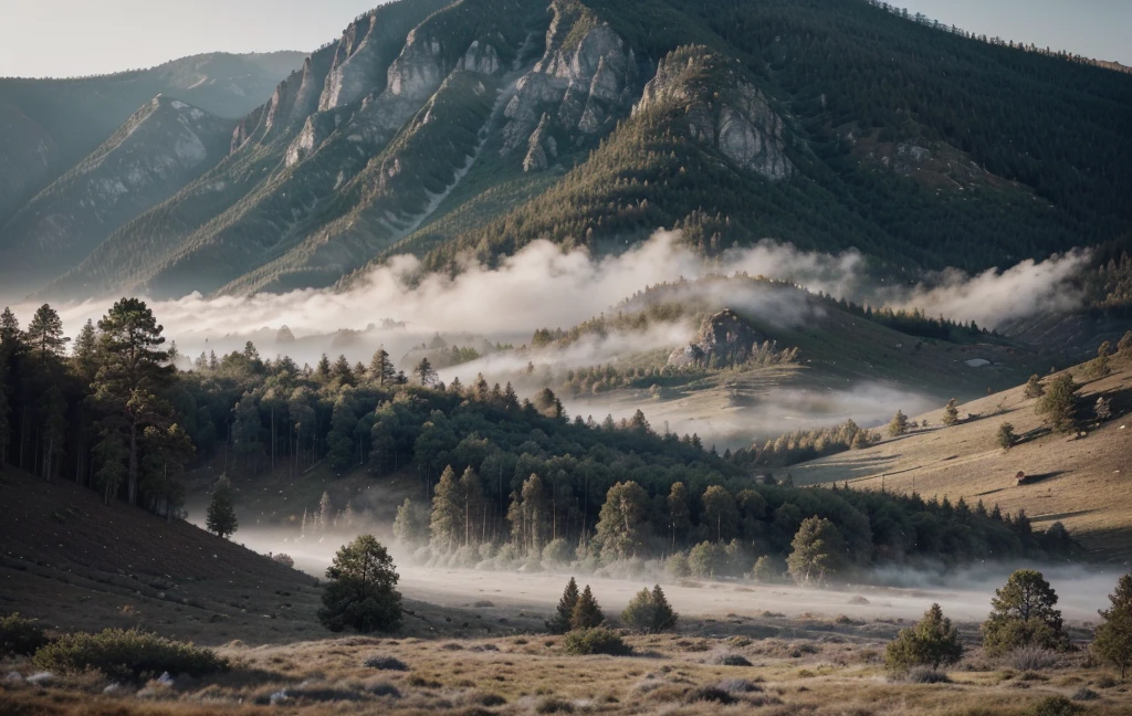 create valley、Desolate landscape of mountains, shrouded in thick fog, little sunshine, With twisted trees and thick trunks, and bushes that make one want to draw and grass, in a surreal landscape, Dead color, 4K, movie lighting, natural lighting, film grain, movie lighting, high detail, Photo realism, Photo realismistic, Volumetric lighting and shadows