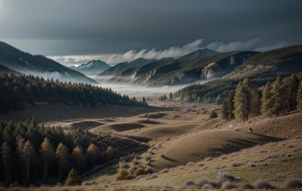 create valley、Desolate landscape of mountains, shrouded in thick fog, little sunshine, With twisted trees and thick trunks, and bushes that make one want to draw and grass, in a surreal landscape, Dead color, 4K, movie lighting, natural lighting, film grain, movie lighting, high detail, Photo realism, Photo realismistic, Volumetric lighting and shadows