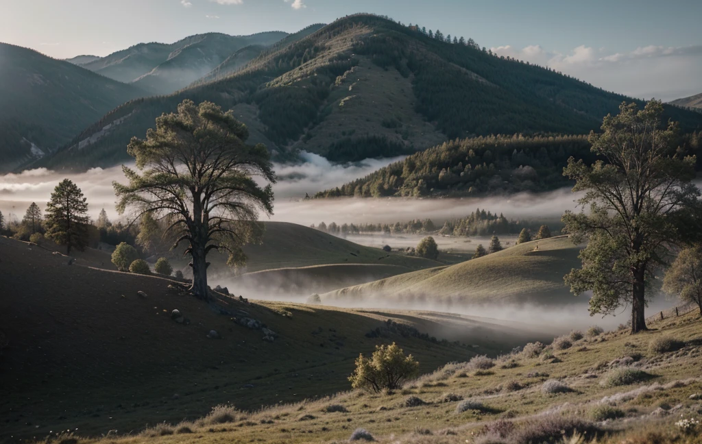 create valley、Desolate landscape of mountains, shrouded in thick fog, little sunshine, With twisted trees and thick trunks, and bushes that make one want to draw and grass, in a surreal landscape, Dead color, 4K, movie lighting, natural lighting, film grain, movie lighting, high detail, Photo realism, Photo realismistic, Volumetric lighting and shadows  