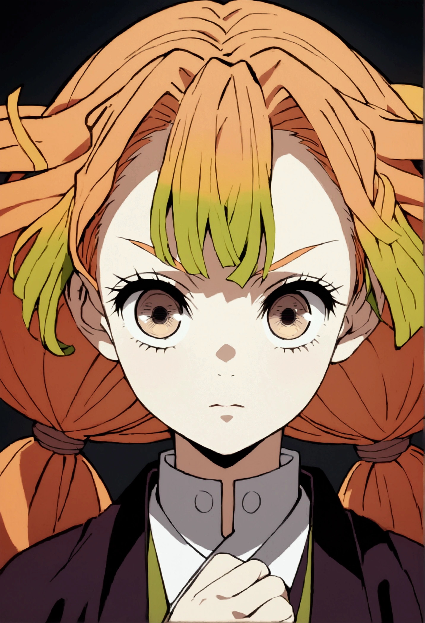 a young anime girl with long orange hair in twin ponytails,thin brown eyes,beautiful detailed eyes and face,long eyelashes,wearing the same outfit as Kanroji Mitsuri from Demon Slayer,digital painting,highly detailed,intricate details,cinematic colors,warm lighting