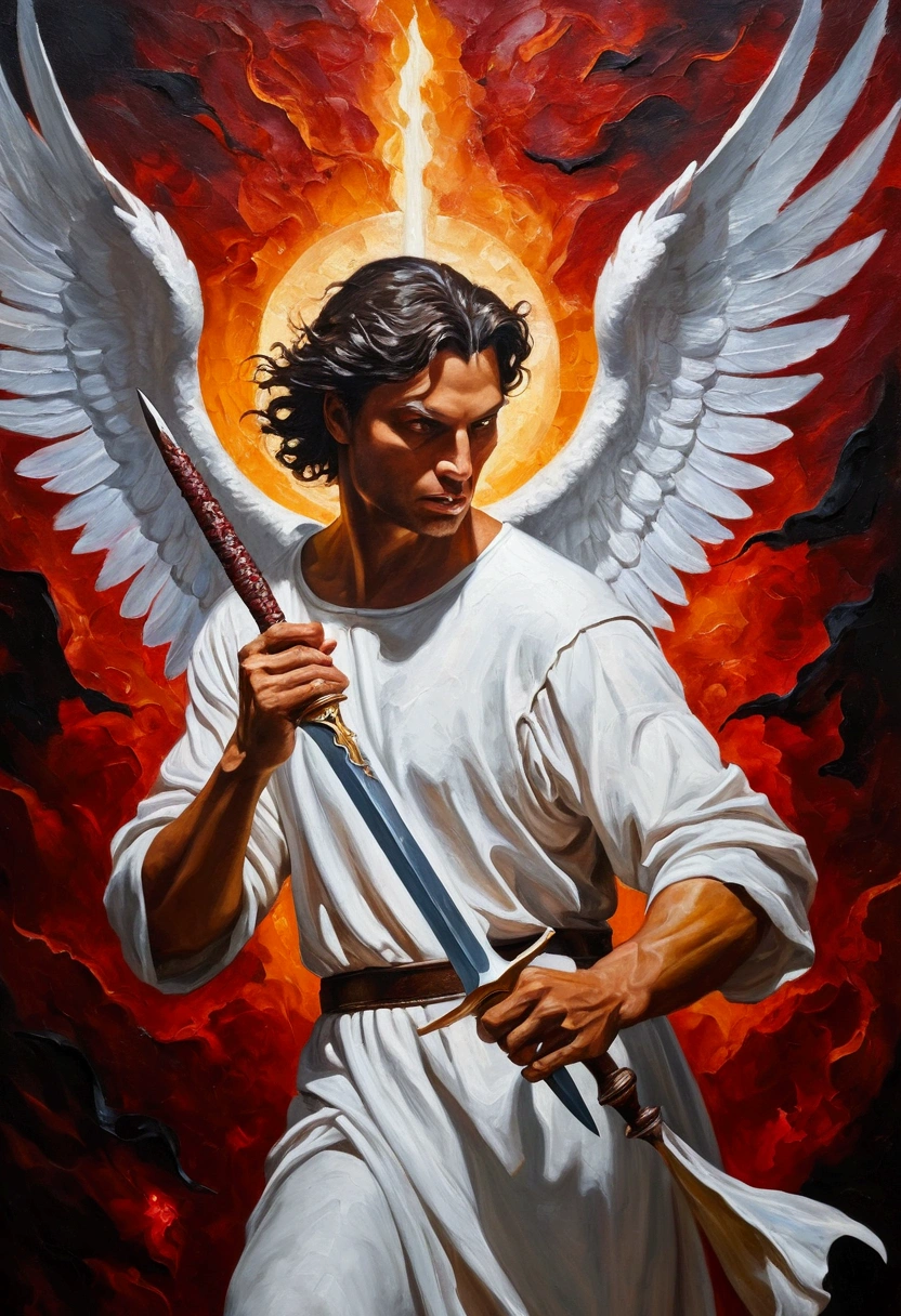 Bible inspired oil painting, Imagine an angel taking a dagger to a demon, oil painting impasto