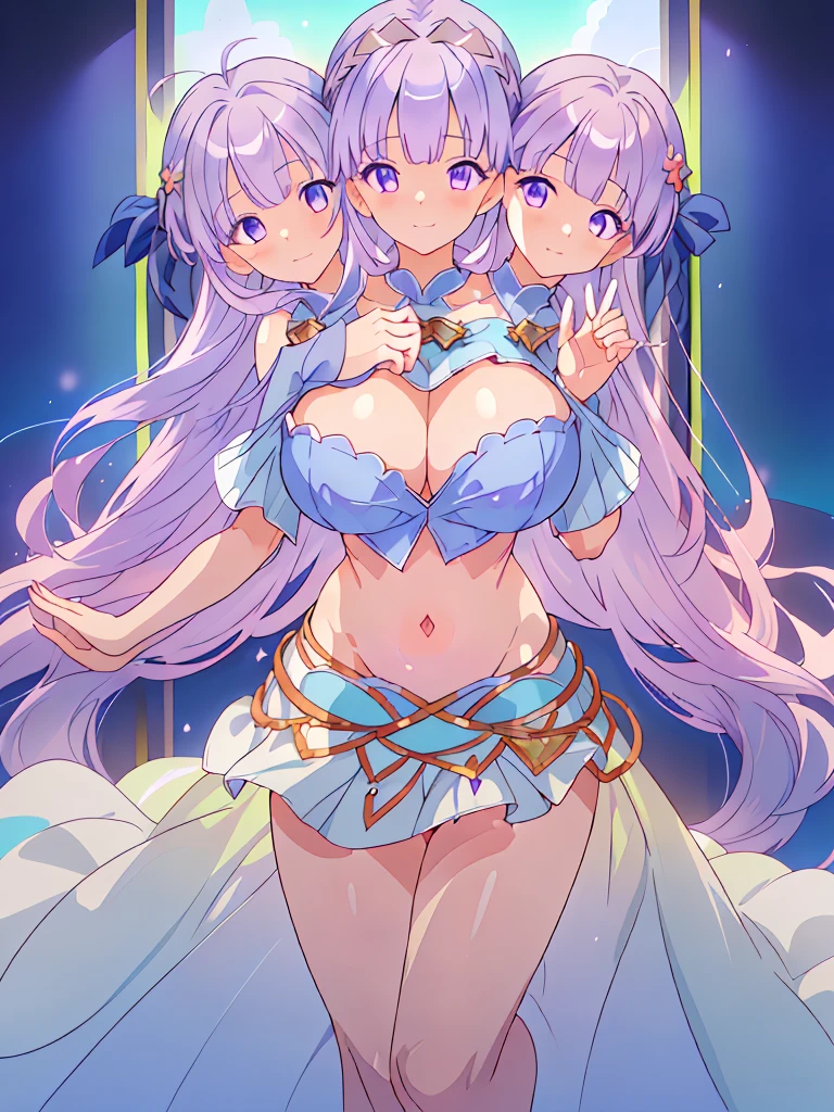 (masterpiece, best quality), best resolution, (3heads:1.5), 1girl, FESophia, light purple hair, flowing hair, smiling, soft smile, open belly, light blue crop top, light blue miniskirt, open breasts, huge tits, beautiful eyes, headband, blue eyes, alluring presence, beautiful eyes, detailed eyes, 
