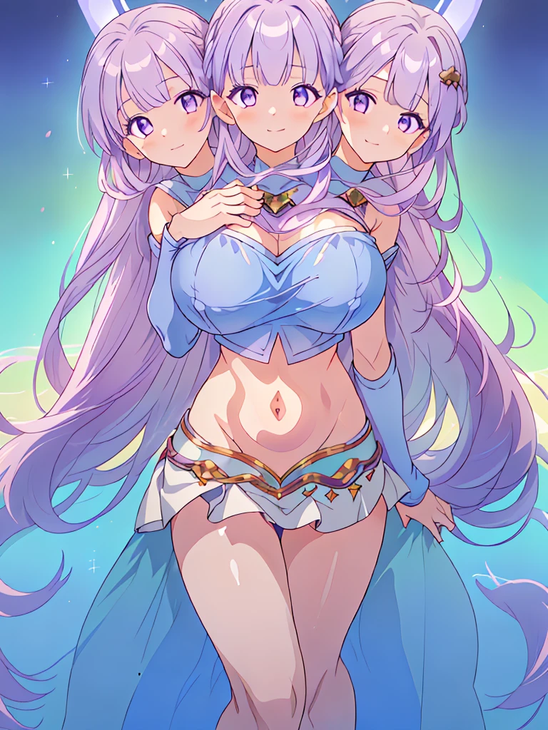 (masterpiece, best quality), best resolution, (3heads:1.5), 1girl, FESophia, light purple hair, flowing hair, smiling, soft smile, open belly, light blue crop top, light blue miniskirt, open breasts, huge tits, beautiful eyes, headband, blue eyes, alluring presence, beautiful eyes, detailed eyes, 
