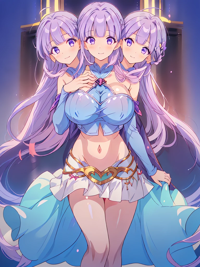 (masterpiece, best quality), best resolution, (3heads:1.5), 1girl, FESophia, light purple hair, flowing hair, smiling, soft smile, open belly, light blue crop top, light blue miniskirt, open breasts, huge tits, beautiful eyes, headband, blue eyes, alluring presence, beautiful eyes, detailed eyes, 
