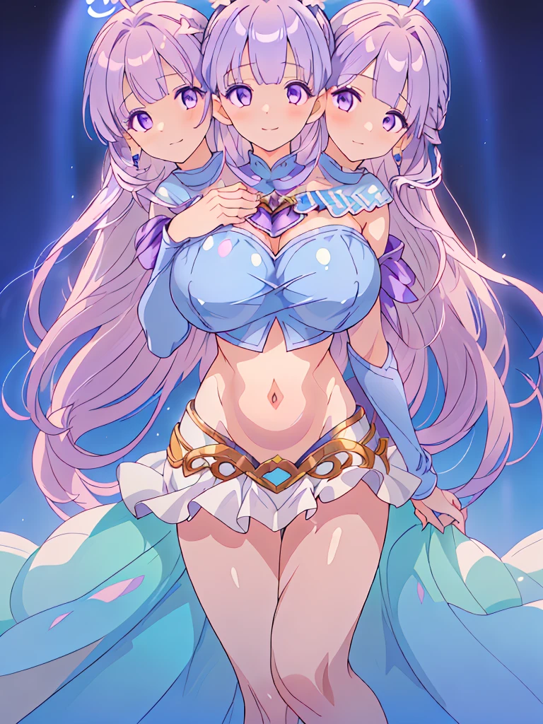 (masterpiece, best quality), best resolution, (3heads:1.5), 1girl, FESophia, light purple hair, flowing hair, smiling, soft smile, open belly, light blue crop top, light blue miniskirt, open breasts, huge tits, beautiful eyes, headband, blue eyes, alluring presence, beautiful eyes, detailed eyes, 
