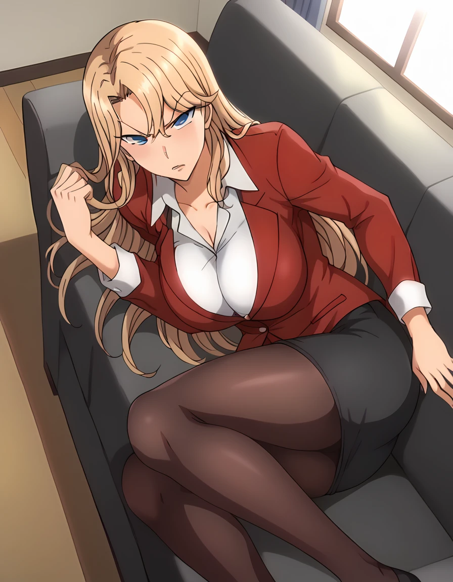 score_9, score_7_up, source_anime, anime screencap, BREAK 1female, ReikaKurashiki, blonde hair, long hair, blue eyes, (large breasts:1.3), long torso, red jacket, (collared shirt:1.1), collarbonea, (cleavage:0.7), red pencil skirt, pantyhose, sleeve cuffs, BREAK indoor, house, (laying down on couch, in personal office, sunset lighting, angry expression, image from above, slight tears on side of eyes),