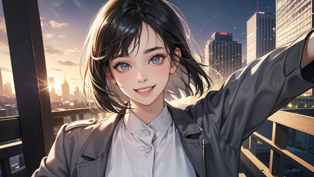 (perfect anatomy:1.2)(absurdres, highres, ultra detailed),masterpiece,best quality,high resolution,8k,Realistic face,Realistic skin texture,magnified textures, stunning clarity,detailed anime girl,(ultra detailed eyes and face),(1 girl:1.5)21years old,she is office worker,,smile:1.2,black hair, bob cut,natural make,grey jacket,grey pants,black brouse,sparkling eyes.small nose,roundface,just left the office when it was time to leave,night,bussines district,she is walking,(looks happy:1.5),feeling freedom,(smile:1.5),look at viewer
