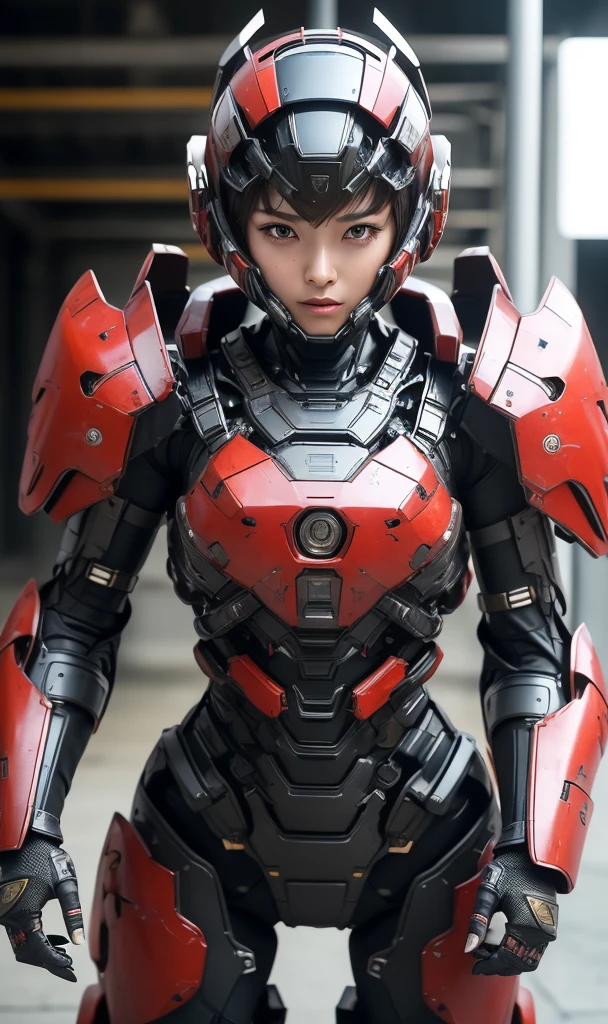 Textured skin, Super Detail, Attention to detail, high quality, 最high quality, High resolution, 1080P, hard disk, beautiful,(War Machine),beautifulサイボーグ女性,red and black mecha cyborg girl,BATTLE MODE,Girl with a mechanical body(armor is red 7、black 3 ratio),She is wearing a futuristic combat weapon mecha、Short Hair　boyish、Brown eyes、Sweaty face、Tired look、　Open your mouth　Sexy Eyes　Steam coming out of the head　Kneel　Full Face