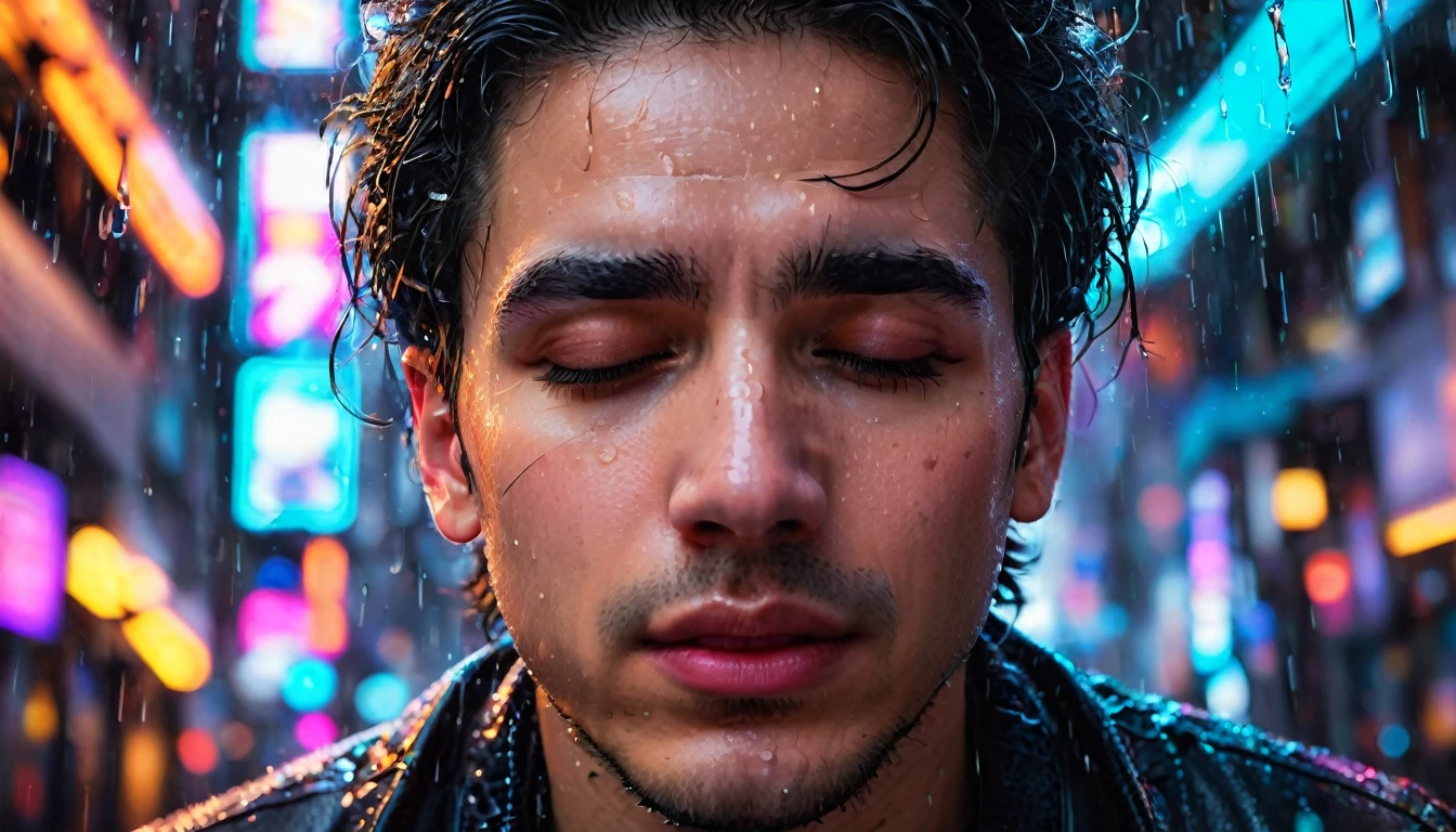 "Close-up of a young man's face in heavy rain, his eyes closed as raindrops (or tears) stream down his cheeks, neon signs blurred in the background"