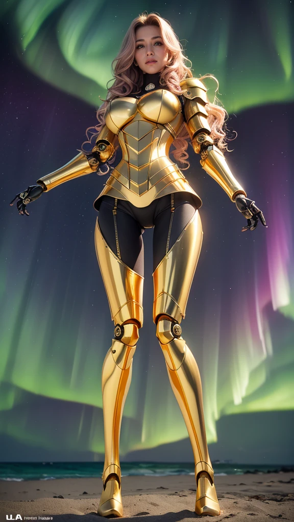 Best quality, Masterpiece, (((1girl))), extremely beautiful, makeups, (robotic arms:1.3), (robotic legs:1.3), ((gold legs armor:1.4)), (gold metalic corset), shinny armor, ((pink wavy hair)), hair blown by strong winds, tight black latex panties, tight black latex bra, (((full body))), posing in the middle, symmetrical pose, ((from below)), ultra realistic, ultra details, volumetric lights, at night, ((beach)), starry skies, shooting stars, ((aurora borealis)), octane rendering, backlight, high texture details,