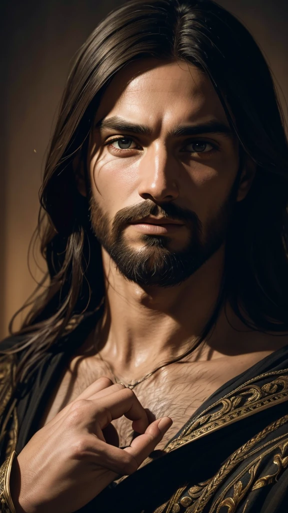A detailed portrait of Jesus Christ, with a compassionate and intense expression. Jesus is looking directly at the viewer, conveying a deep and empathetic connection. The dramatic lighting enhances his features, creating a chiaroscuro effect that adds depth and contrast to the image. The portrait, In the style of oil painting, features a religious atmosphere with an ornate background that nods to traditional Christian iconography. Inspired by the Renaissance style, the image displays dramatic shadows and vivid colors, with cinematic lighting that accentuates the emotion of the moment. Facial features are highly detailed, capturing every nuance of expression and skin texture. The work is a true masterpiece, high quality and resolution, in 8K, with impressive photographic realism.