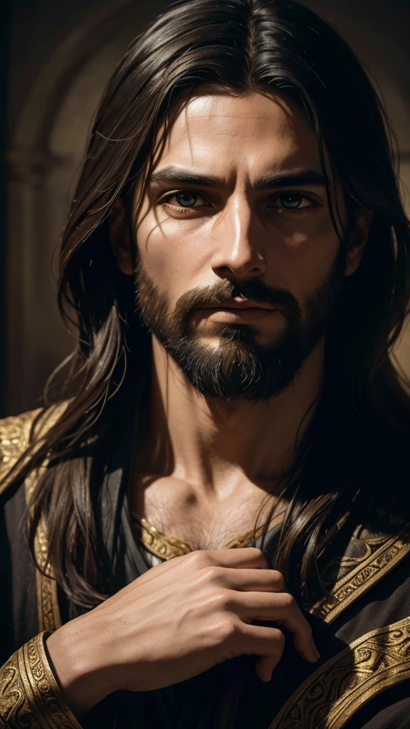 A detailed portrait of Jesus Christ, with a compassionate and intense expression. Jesus is looking directly at the viewer, conveying a deep and empathetic connection. The dramatic lighting enhances his features, creating a chiaroscuro effect that adds depth and contrast to the image. The portrait, In the style of oil painting, features a religious atmosphere with an ornate background that nods to traditional Christian iconography. Inspired by the Renaissance style, the image displays dramatic shadows and vivid colors, with cinematic lighting that accentuates the emotion of the moment. Facial features are highly detailed, capturing every nuance of expression and skin texture. The work is a true masterpiece, high quality and resolution, in 8K, with impressive photographic realism.