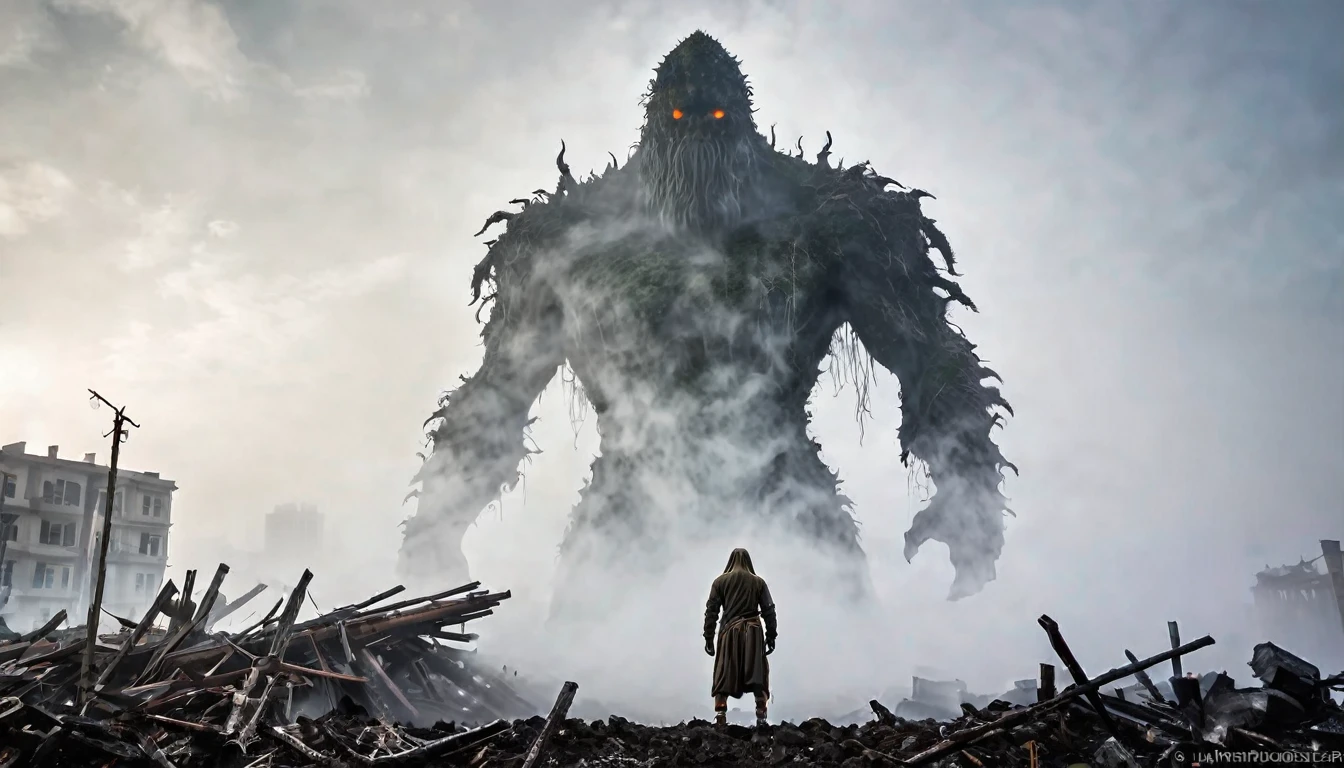 Lone giant mythological monster, emerging from the pale fog, its silhouette can barely be seen, its figure is seen behind the fog, it manifests itself ghostly, among buildings destroyed by war, apocalyptic image, science fiction, ethereal image, detailed image, sharp focus, studio photography, symmetrical balance, depth layers, polarizing filter, ..., hd, color optics, ..., hd, opaque color, masterpiece, (photorealistic)