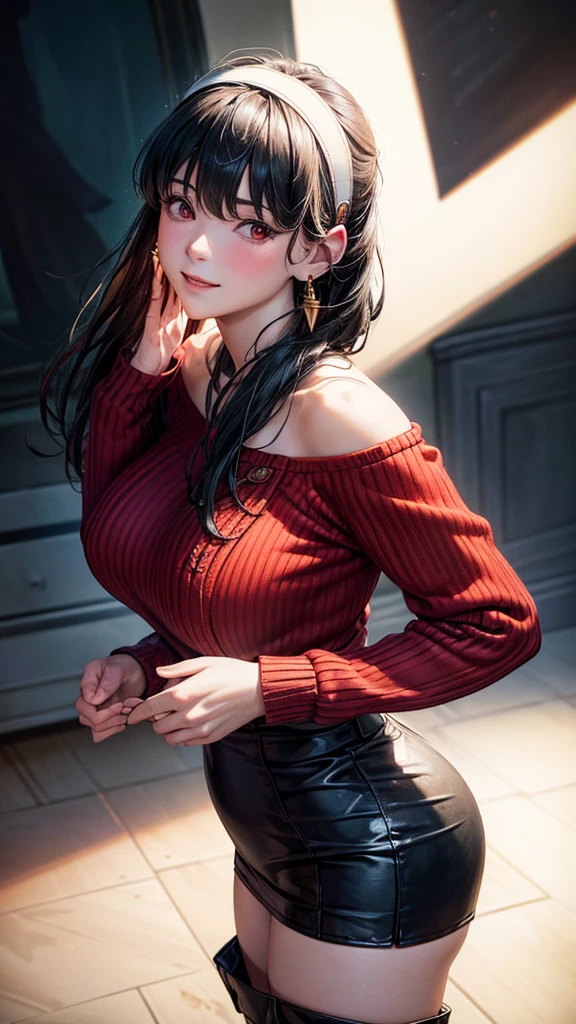 (masterpiece, Highest quality:1.3), (Super detailed:1.4),(Super detailed顔:1.2),(Super detailed目:1.2), (hyperRealistic:1.3), (RAW Photos:1.2), High-definition RAW color photos, Professional photos, (PhotoRealistic:1.4), (Realistic:1.4),8k,Professional Lighting, Perfect Anatomy, BREAK,(Big Breasts:1.6),(blush:1.2),(Bright smile:1.2),Yolfoger, High detail, Sharp focus, dramatic,dutch angle,Björf,Black Hair,Long hair short hair,White hair band,Kamimei,Leaning forward,Bring your face closer,Red eyes,Gold earrings,jewelry,Off the shoulder,(Red sweater:1.3),Sweater dress,Long sleeve,Black Pantyhose,Luxury bedroom,(thong:1.2),(Sexy pose 1.9)