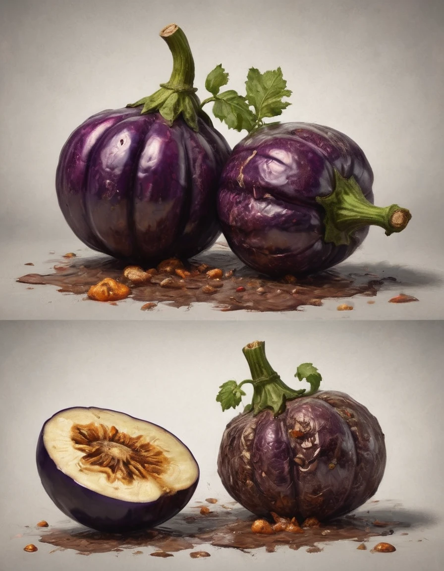 rotten eggplant, decaying fruit, twisted stem, brown spots, overripe peel, mushy texture, dripping juice, oozing decay, cell shaded adult animation, vibrant colors, complementary tones, striking contrast, (best quality,4k,8k,highres,masterpiece:1.2),ultra-detailed ( a dry, cracked stem and any other signs of decomposition), grotesque, worms and pimples with hair, unpleasant odor, (Characters with watery eyes can imply irritation from the odor.)