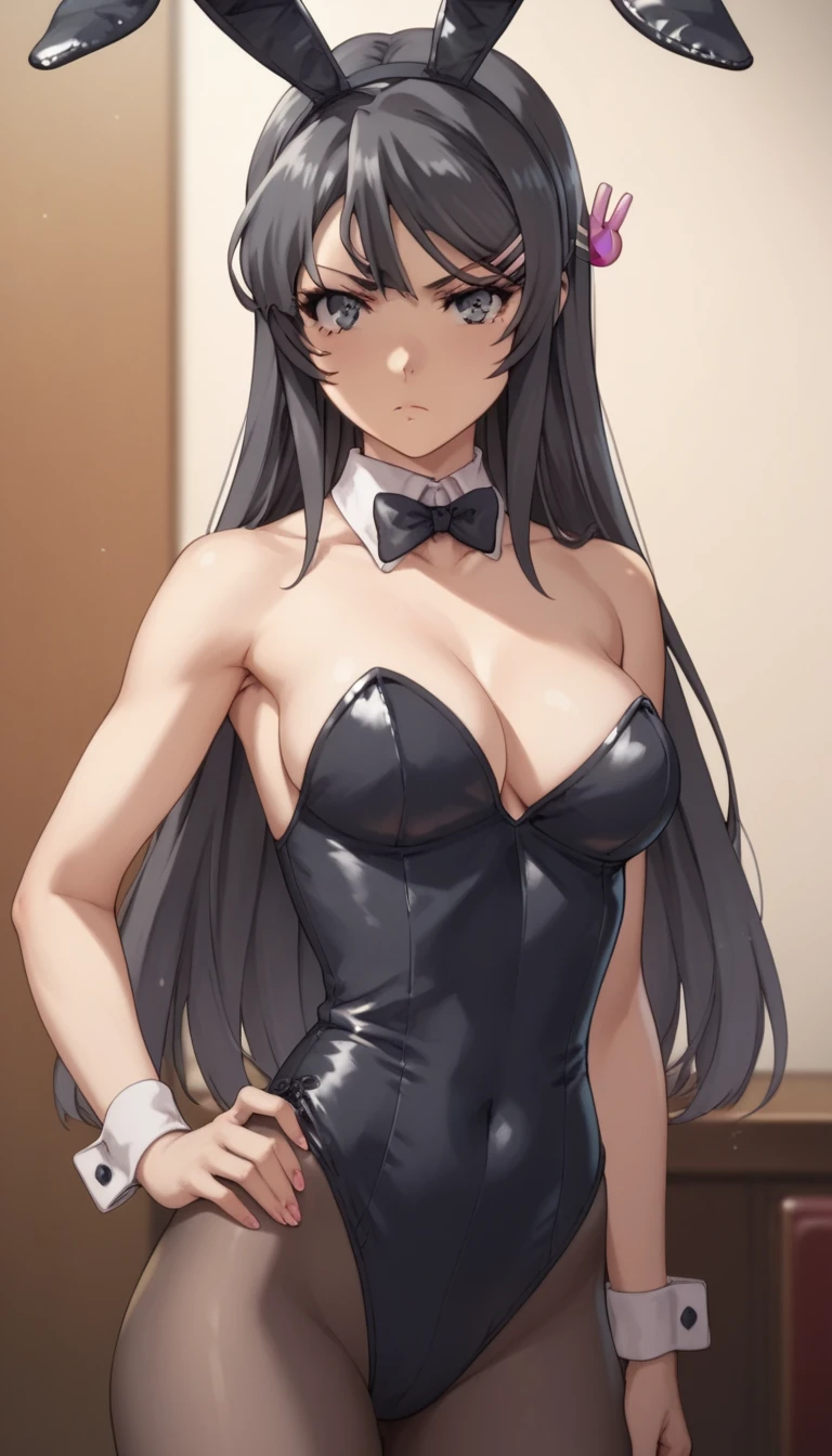 Mai Sakurajima, black hair accessory in the shape of a rabbit, Playboy bunny costume, in a hotel room, pose with one hand on the waist, medium breasts, serious look