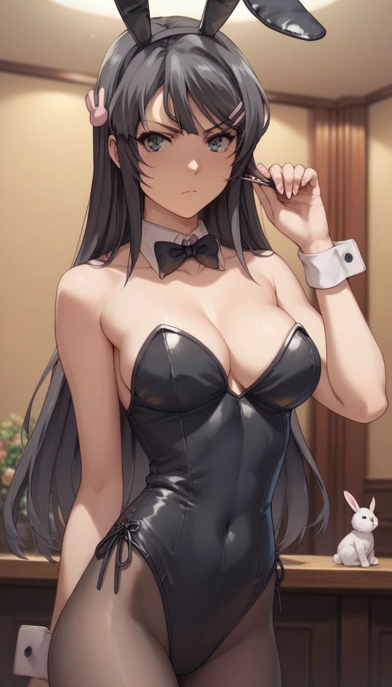 Mai Sakurajima, black hair accessory in the shape of a rabbit, bunny costume, in a hotel room, pose with one hand on the waist, medium breastsus look