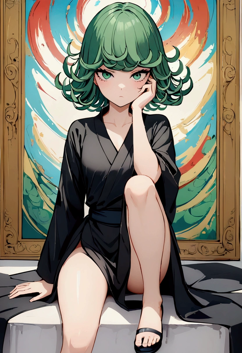 (work of art, best qualityer:1.2), standing alone, 1 girl, tatsumaki, not funny, cloused mouth, looking a viewer, hand on our face, sitting down, Short black kimono ,muslos grandes,crossing the leg