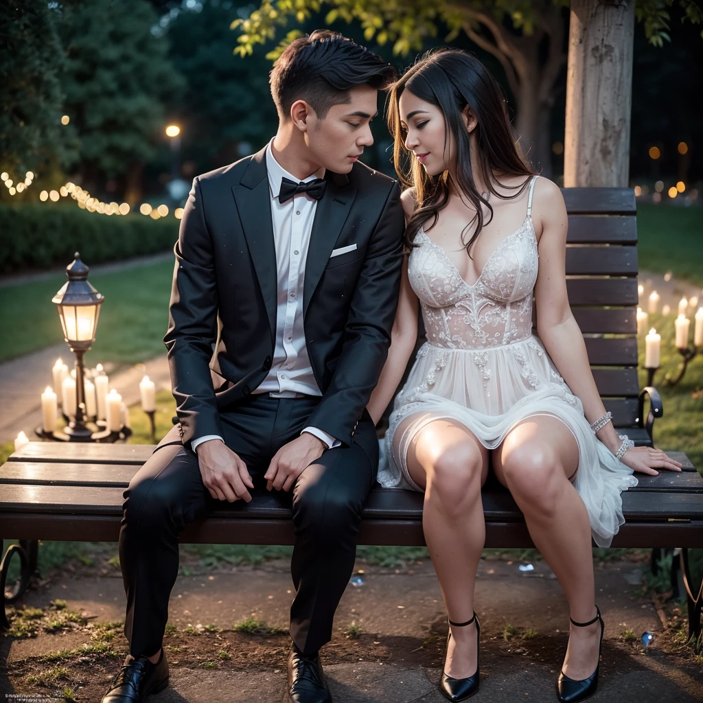 Intimate and high-quality photos of (Couple:1.2), Sit On (Bench:1.1), (Enchanting Light:1.1), sexy, passionate, exquisitely detailed, (sweat:1.1) with (glittering droplets:1.1), castle backgrounds, Sony Alpha 7R IV Camera, Digital Photo, f/2.8 lens, black-red, , Too many realistic textures, trends on social media, night light