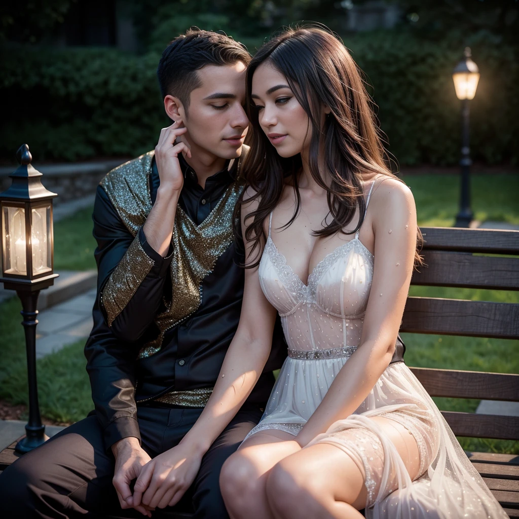 Intimate and high-quality photos of (Couple:1.2), Sit On (Bench:1.1), (Enchanting Light:1.1), sexy, passionate, exquisitely detailed, (sweat:1.1) with (glittering droplets:1.1), castle backgrounds, Sony Alpha 7R IV Camera, Digital Photo, f/2.8 lens, black-red, , Too many realistic textures, trends on social media, night light