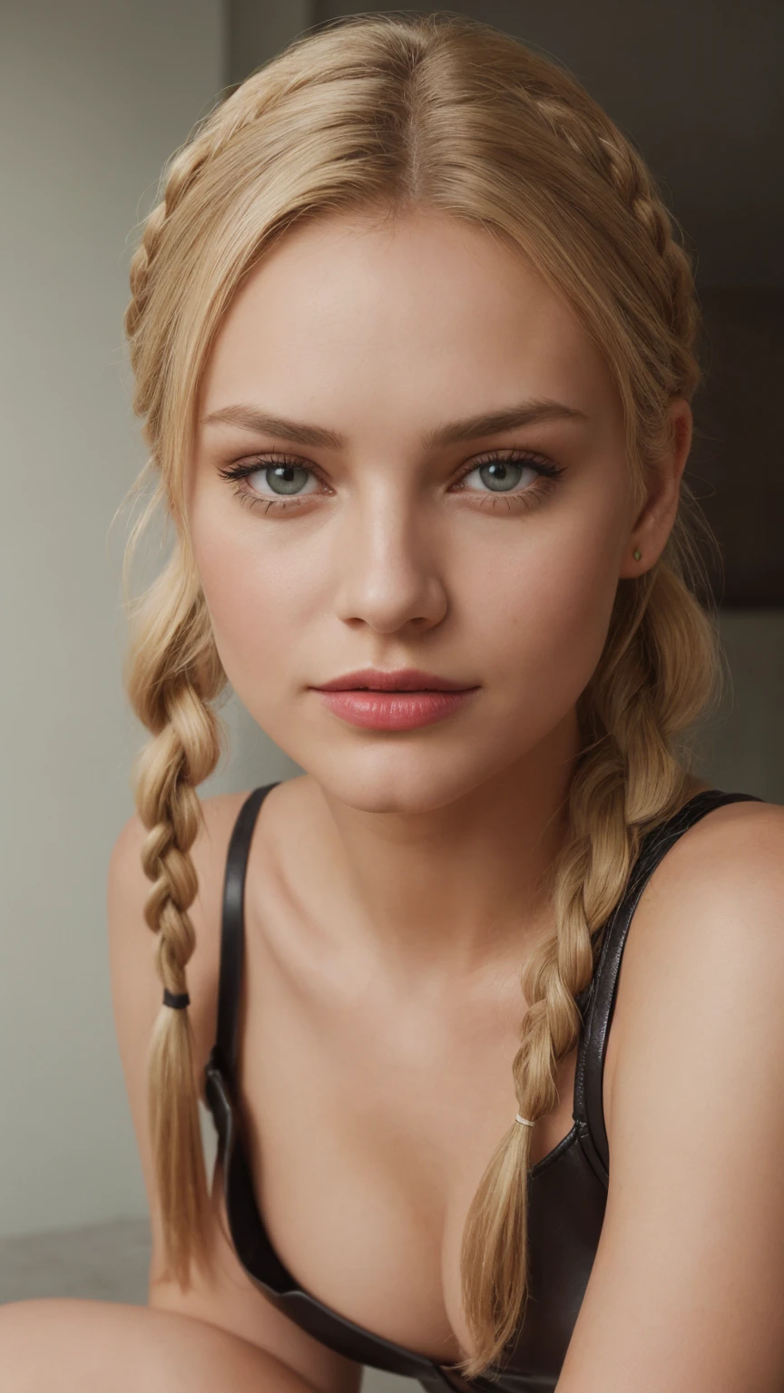 woman, smile, high neck dress, warm light, shadows, Photograph of a 25 year old woman, (ambivalent facial expression), face looking at camera, full face, portrait, faces are visible more, and the eyes look straight, broun textured leather cloth, goosebumps, ash blonde mermaid with braid, Perfect eyes, realistic skin texture, too much sweat, (ektachrome), Velvia 100 color, shot with Leica T, hips, sharp focus on the subject, shot by Peter Lindbergh, bright, fair, realistic look, tika on forehead, nose jewelry, big lips, red lipstick, pink slip, big breast, leather bra, leather short,