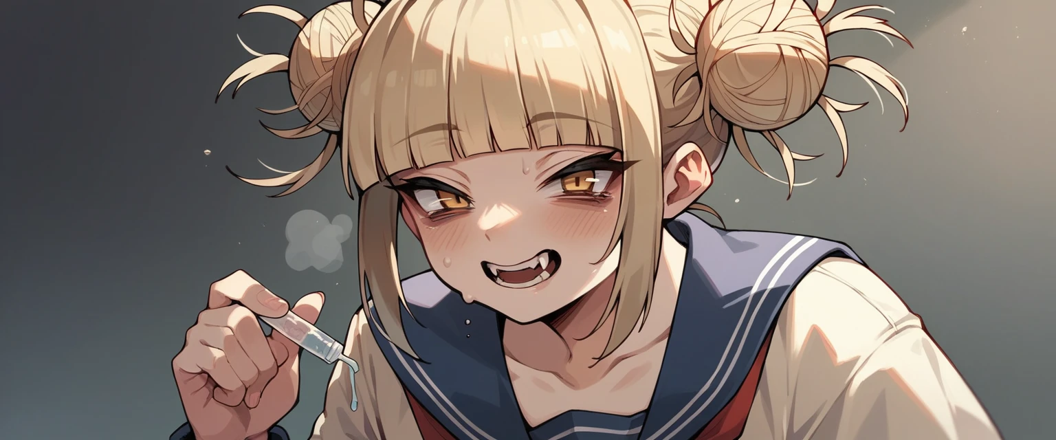 Himiko toga taking drugs (snorting a line of cocaine) from another girl's tits (They are both totally naked)