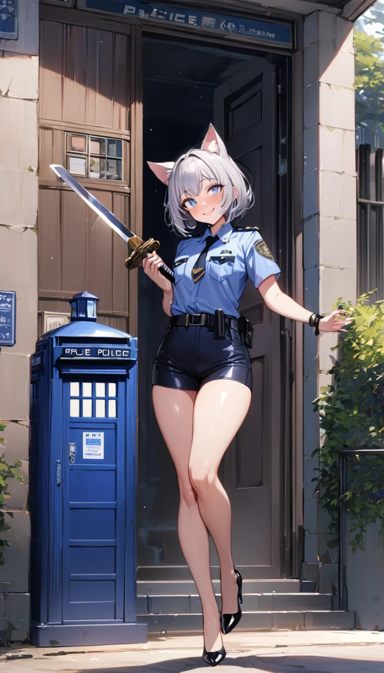 1girl、(((best quality)), ((masterpiece)), (details), masterpiece, best quality, high quality, ulutra detailed, perfect face, ((1girl, Blue eyes, cat ears: 1.3 silver bob hair: 2.5,)) 、Shiny Hair、Glowing Skin、blush、Lustful look、whole body、Police Officer Costume、Police officer shorts、Black stiletto heels、Embarrassed smile、Holding a Japan sword with both hands、police box、Police Station Background、whole body