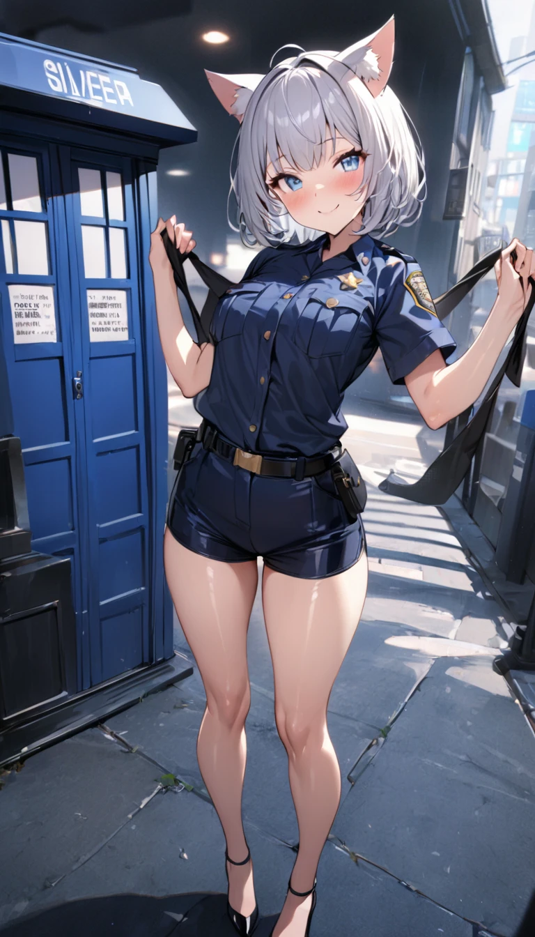 1girl、(((best quality)), ((masterpiece)), (details), masterpiece, best quality, high quality, ulutra detailed, perfect face, ((1girl, Blue eyes, cat ears: 1.3 silver bob hair: 2.5,)) 、Shiny Hair、Glowing Skin、blush、Lustful look、whole body、Police Officer Costume、Police officer shorts、Black stiletto heels、Embarrassed smile、Holding a Japan sword with both hands、police box、Police Station Background、whole body