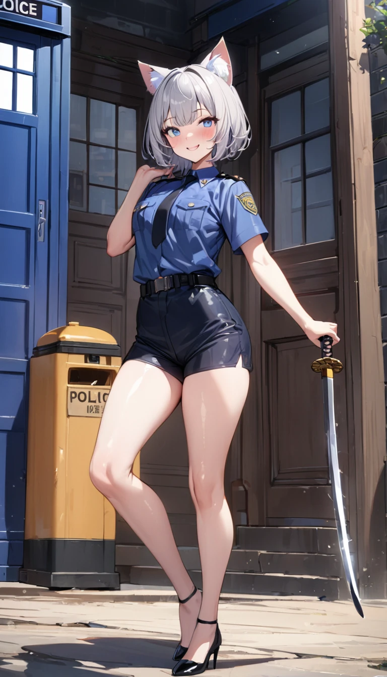1girl、(((best quality)), ((masterpiece)), (details), masterpiece, best quality, high quality, ulutra detailed, perfect face, ((1girl, Blue eyes, cat ears: 1.3 silver bob hair: 2.5,)) 、Shiny Hair、Glowing Skin、blush、Lustful look、whole body、Police Officer Costume、Police officer shorts、Black stiletto heels、Embarrassed smile、Holding a Japan sword with both hands、police box、Police Station Background、whole body