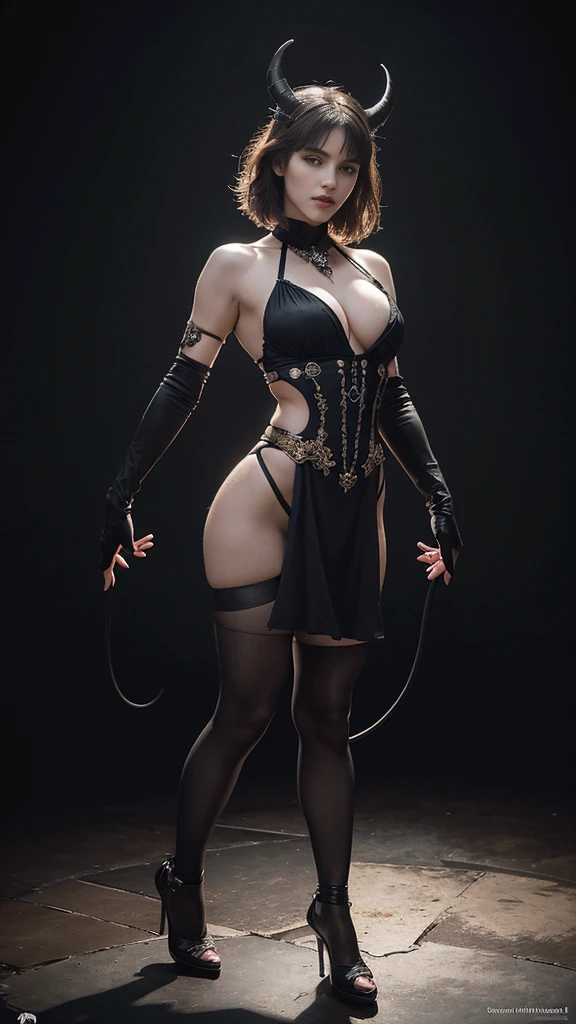Full body photo of perfect beauty ((Demon Succubus)), Perfect appearance, slim body, ((Big heavy breasts)), Shapeless short hair, rainbow hair, small horns, (Wearing skimpy gothic clothing.), Fully functional, Abstract beauty, Near perfect, Pure form, ((Dynamic pose)), Subtle demonic background, ((Dark shadows)), ((Edge lighting)), Greg Rutkowski, John William Waterhouse(John William Waterhouse)and Alphonse Mucha(Alfons Mucha)Conceptual art, Highly detailed, Intricate details, 8K post production, High resolution, Super details, Popular topics on ArtStation, Sharp focus, Depth of field f/1.8, Studio shot.