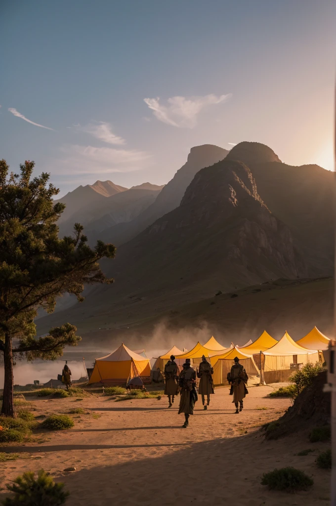 Landscape of China，（Vision） ，Outside the tent，Sunset，A general in battle robes walks alone，Surrounded by neatly arranged tents and soldiers