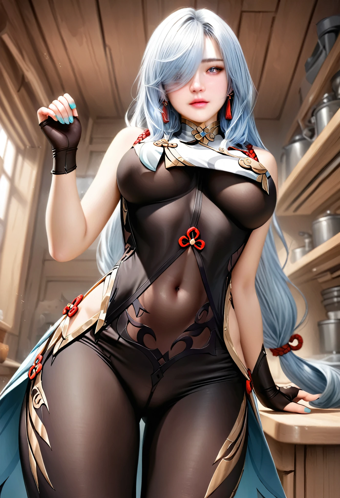 animetoreal,soft light, masterpiece, best quality,high quality,delicate face, realistic,photorealistic,1girl,,shenhe_(genshin_impact), genshin_impact, 1girl, aqua_nails, black_bodysuit, bodysuit, breast_curtain, chinese_knot, clothing_cutout, covered_navel, earrings, gloves, grey_eyes, hair_over_one_eye, hip_vent, jewelry, long_hair, low-braided_long_hair, low-tied_long_hair, nail_polish, partially_fingerless_gloves, shoulder_cutout, tassel, tassel_earrings, toenail_polish, toenails, white_hair,,in kitchen,from below