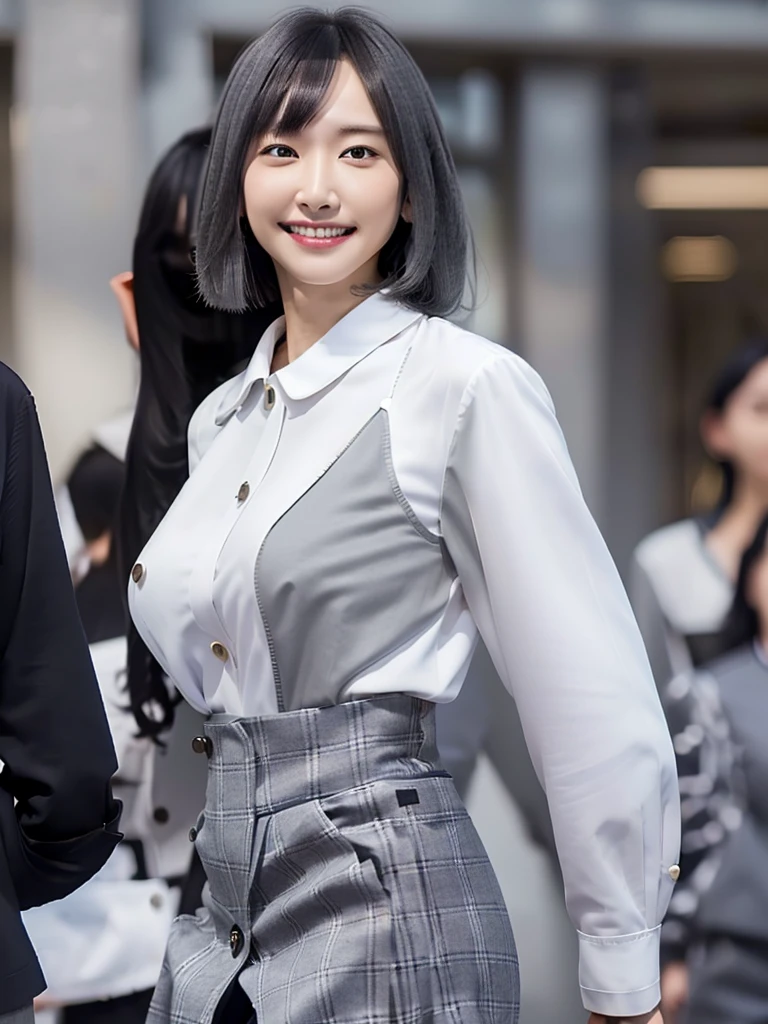 Highest quality、masterpiece、8k、Very detailed、Realistic、(One girl)、(Looking at me with a smile:1.5)、whole body、(Black Hair)、Small face、(Slender:1.2)、(Big Breasts:1.2)、(White business shirt with buttons and a collar:1.2)、(short tight skirt in gray,:1.2)、(Grey business jacket:1.2)