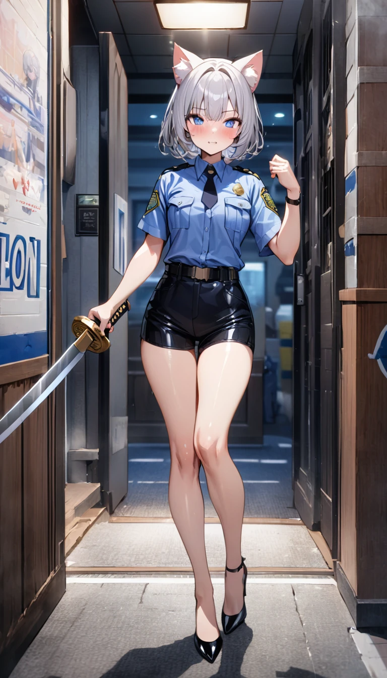 1girl、(((best quality)), ((masterpiece)), (details), masterpiece, best quality, high quality, ulutra detailed, perfect face, ((1girl, Blue eyes, cat ears: 1.3 silver bob hair: 2.5,)) 、Shiny Hair、Glowing Skin、blush、Lustful look、whole body、Police Officer Costume、Police officer shorts、Black stiletto heels、Embarrassed smile、Holding a Japan sword with both hands、police box、Police Station Background、whole body